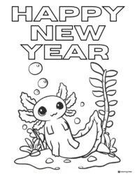 Cute Axolotl Coloring Page with Plants and New Year Message