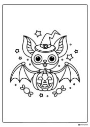 Cute Bat Coloring Page with Witch Hat and Jack o Lantern