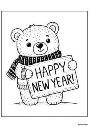 Cute Bear Coloring Page Holding Happy New Year Sign
