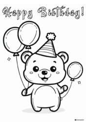 Cute Bear Coloring Page with Balloons and Party Hat