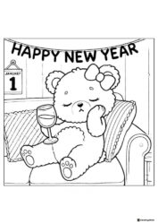 Cute Bear Coloring Page with Wine Glass and January 1 Banner