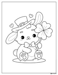 Cute Bunny Coloring Page Holding Shamrock and Wearing Hat