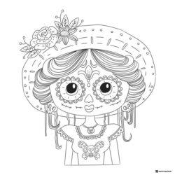 Cute Calavera Girl Coloring Page with Sombrero and Flowers