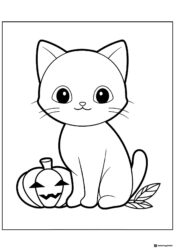 Cute Cat Coloring Page with Jack o Lantern and Leaves