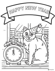 Cute Cat Happy New Year Coloring Page with Clock and Confetti