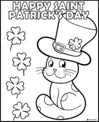 Cute Cat in Leprechaun Hat Coloring Page with Shamrocks