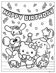 Cute Character Birthday Coloring Page with Confetti and Banner