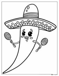 Cute Chili Pepper Coloring Page with Maracas and Sombrero