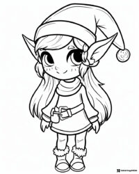 Cute Christmas Elf Coloring Page with Braids and Hat