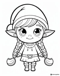 Cute Christmas Elf Girl Coloring Page with Braids and Hat