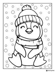 Cute Christmas Penguin Coloring Page with Hat and Snowflakes