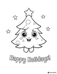 Cute Christmas Tree Coloring Page with Happy Face and Stars
