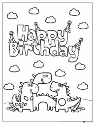 Cute Dinosaur Birthday Coloring Sheet with Party Hats and Clouds