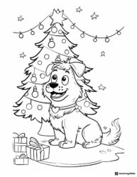 Cute Dog Coloring Page with Christmas Tree and Lights