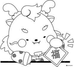 Cute Dragon Character Coloring Page Holding a Lucky Sign
