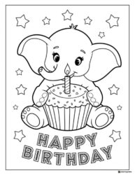 Cute Elephant Coloring Sheet with Candle Topped Cupcake