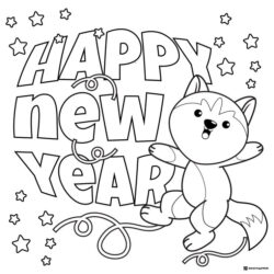 Cute Fox New Year Coloring Page with Stars and Streamers