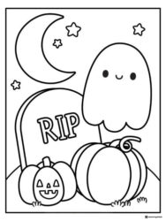 Cute Ghost Coloring Page with Pumpkins and RIP Headstone