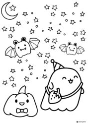 Cute Ghost and Bat Coloring Page with Starry Sky