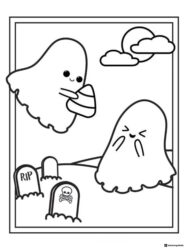 Cute Ghosts Coloring Page in Graveyard with Moon and Tombstones