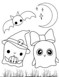 Cute Ghosts Coloring Sheet with Bat Moon and Pumpkin