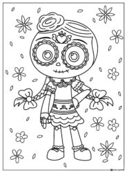 Cute Girl Skeleton Coloring Page with Flowers and Ribbons