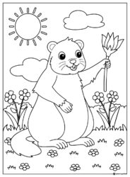 Cute Groundhog Coloring Page Holding Flower in Sunny Field