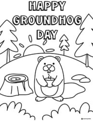Cute Groundhog Coloring Sheet with Sunrise and Forest Scene