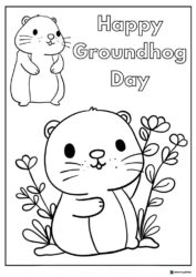 Cute Groundhogs Coloring Page with Flowers and Lettering