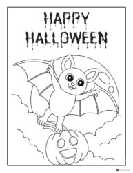 Cute Halloween Bat Coloring Page with Pumpkin and Moon