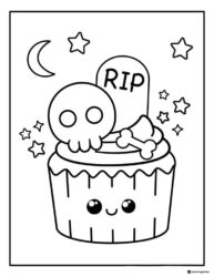 Cute Halloween Cupcake Coloring Page with Skull and Tombstone