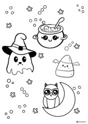 Cute Halloween Elements Coloring Page with Ghost and Owl
