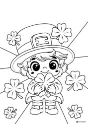 Cute Leprechaun Coloring Page Holding Shamrock with Rays