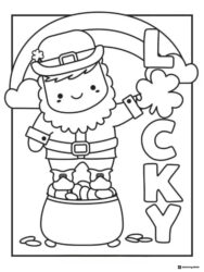 Cute Leprechaun Coloring Page Standing in Pot of Gold