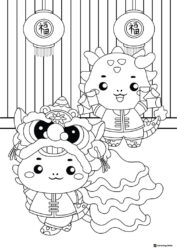Cute Lion Dance Coloring Page with Dragon Characters