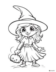 Cute Little Witch Coloring Sheet Holding Pumpkin Bucket