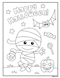 Cute Mummy Coloring Sheet with Bat Candy and Pumpkins