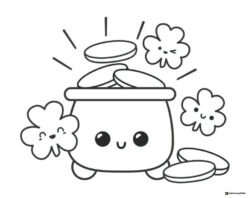 Cute Pot of Gold Coloring Page with Smiling Shamrocks
