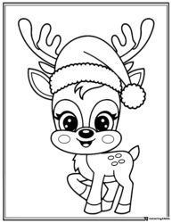 Cute Reindeer Coloring Sheet with Santa Hat and Big Eyes