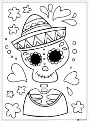 Cute Skeleton Coloring Page with Sombrero and Festive Shapes