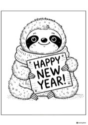Cute Sloth Coloring Sheet Holding Happy New Year Sign