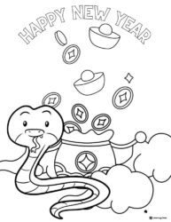 Cute Snake Coloring Page with Coins Clouds and New Year Text