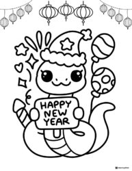 Cute Snake Coloring Sheet with Hat Balloons and New Year Sign