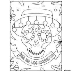 Cute Sugar Skull Coloring Page with Festive Flowers and Banner