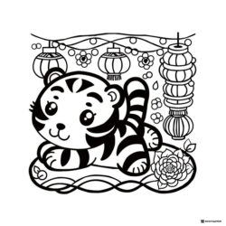 Cute Tiger Coloring Page with Hanging Lanterns and Flowers