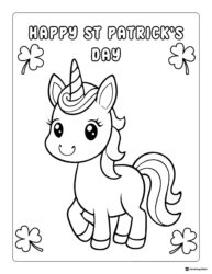 Cute Unicorn Coloring Page with Shamrocks and Greeting