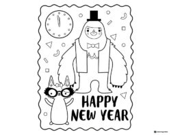 Cute Yeti and Bunny New Year Coloring Page with Clock