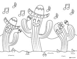 Dancing Cactus Coloring Page with Sombreros and Maracas