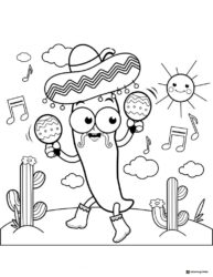 Dancing Chili Pepper Coloring Page with Maracas and Hat