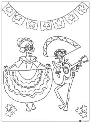 Dancing Couple Coloring Page with Guitar and Festive Banner